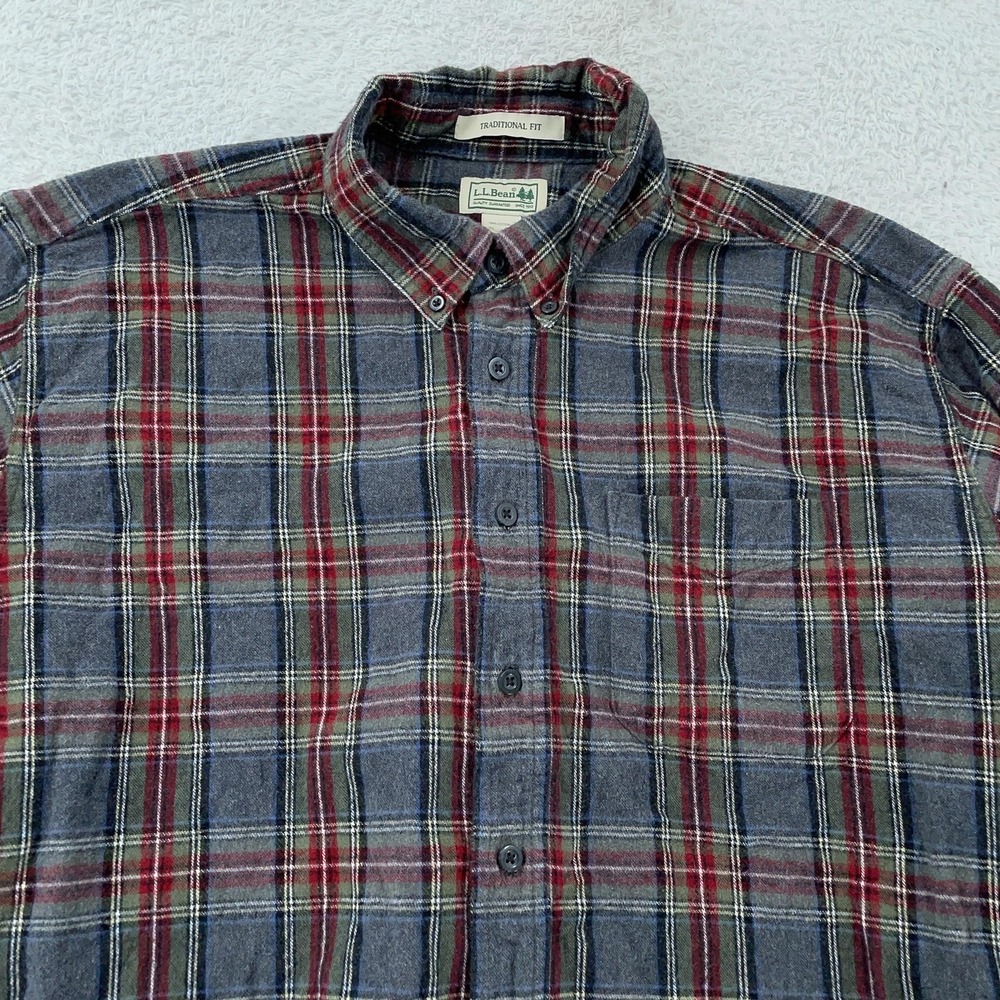 L.L. Bean Shirt Mens XL Tall‎ Gray Red Plaid Flannel Button Down Traditional Fit